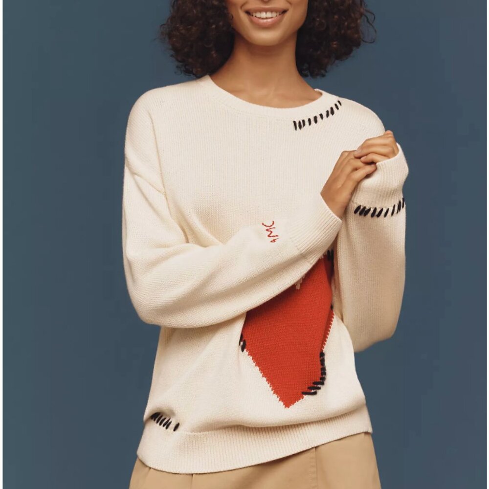 Maeve Crew-Neck Whipstitch Heart Icon Sweater